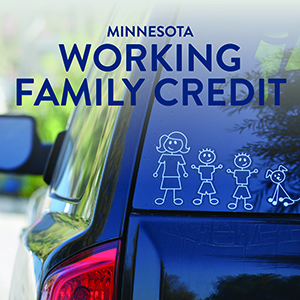 A sticker of a stick figure family on the back of a minivan with the text "Working Family Credit"