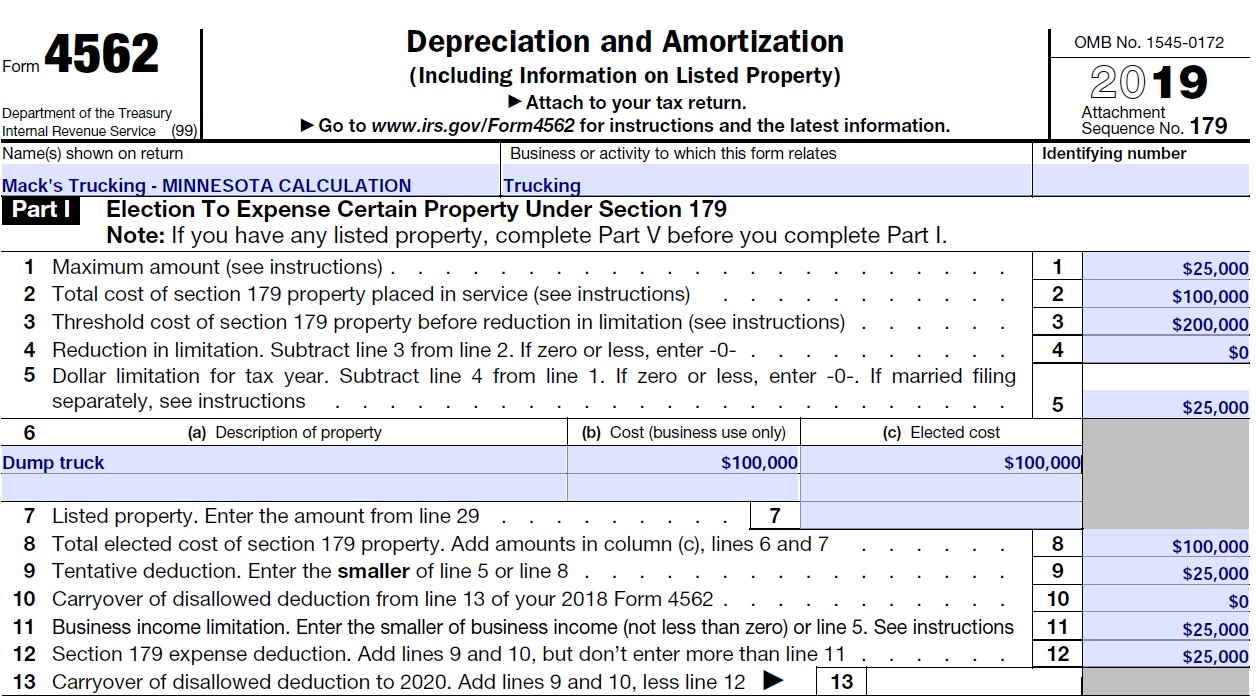 Form 4562 MN adjustment - Example 1