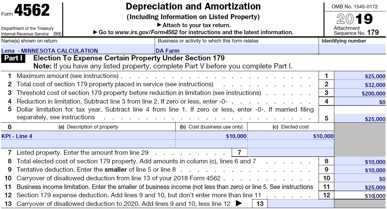 Lena’s Minnesota Form 4562 — Example 2