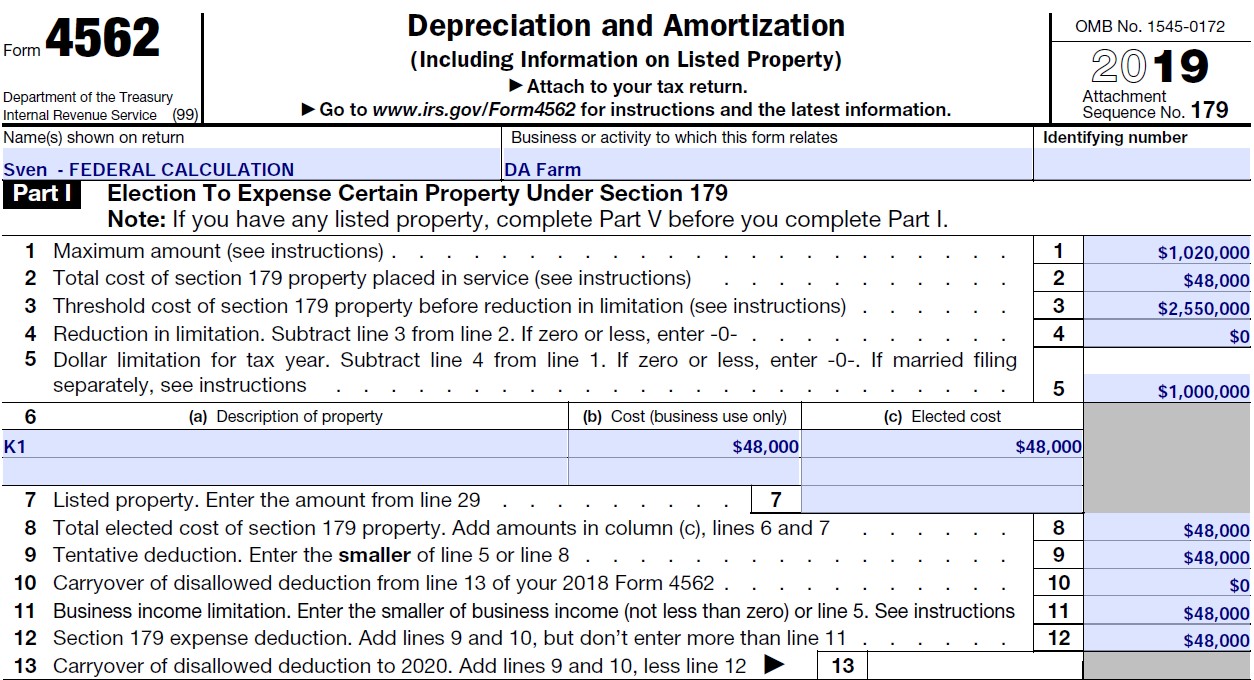 Sven’s Federal Form 4562 - Example 2