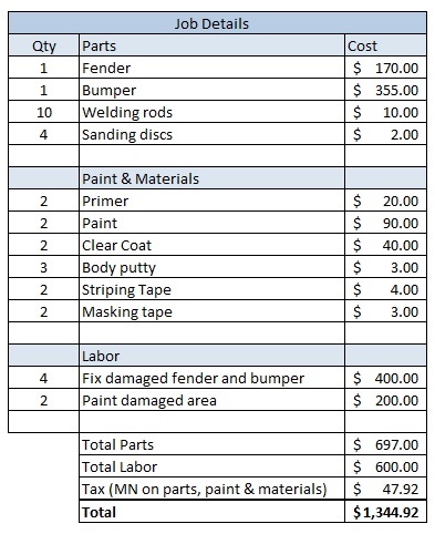 Auto Body Repair - Receipt - Method 1