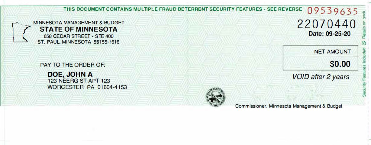 Green State of Minnesota check with sample information and amount, similar to the rebate check.