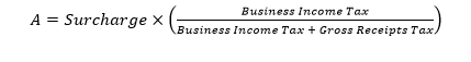 A equals surcharges times open parenthesis, business income tax divided by open bracket business income tax plus gross receipts tax closed bracket, closed parenthesis