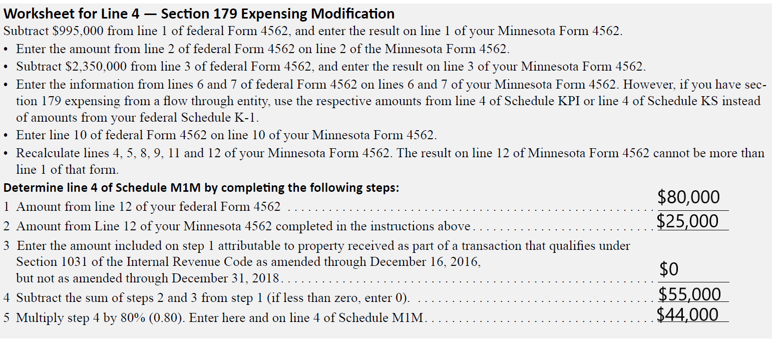 Minnesota Schedule M1M, line 4 worksheet — Example 1