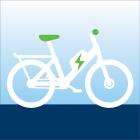 a white e-bike with green handles and seat on a blue gradient background